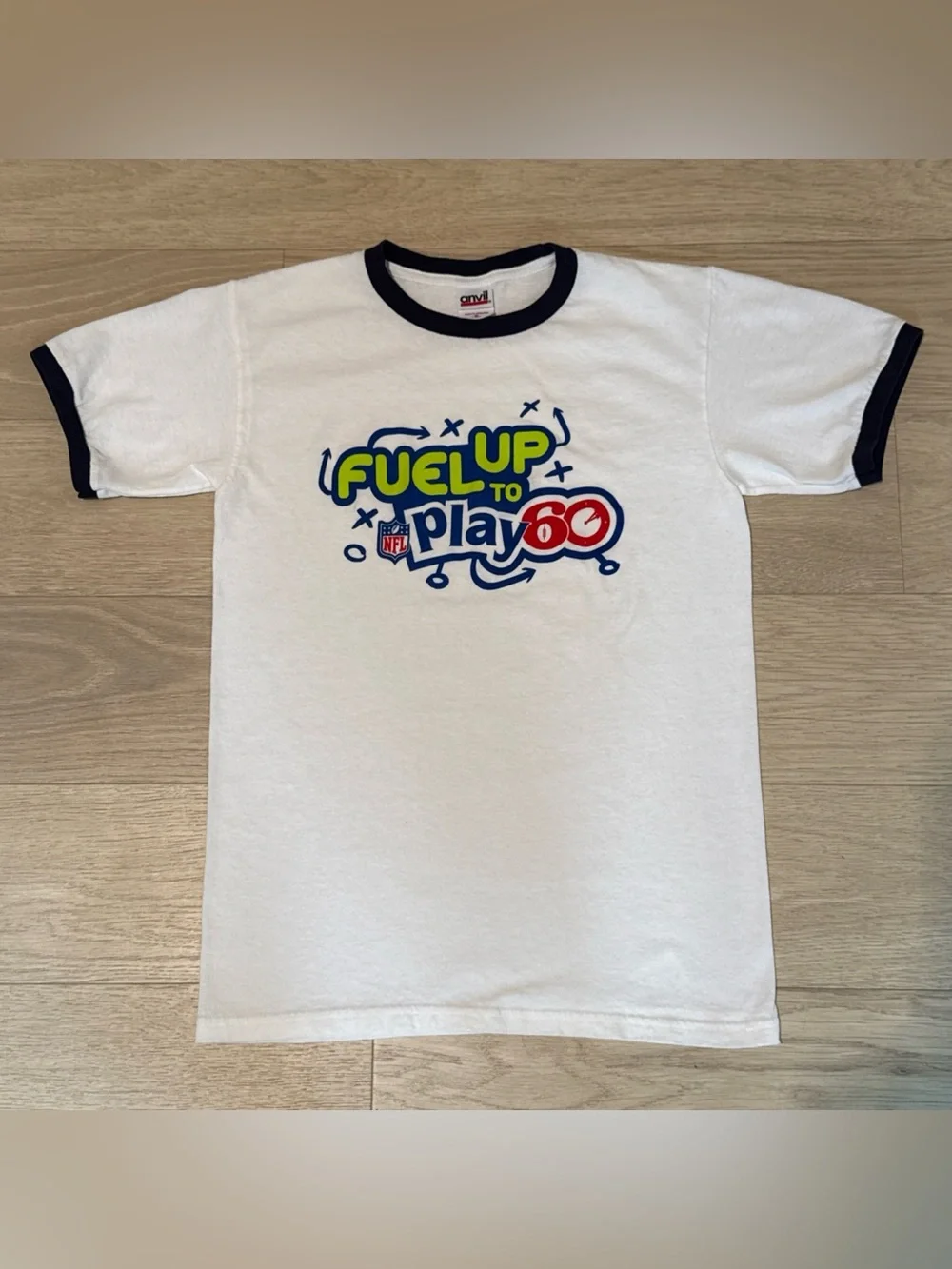 Anvil NFL Fuel Up to Play 60 Vintage Ringer Graphic T-Shirt White Navy Small
